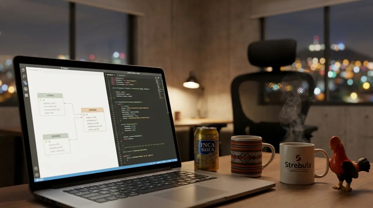 La cámara entra. El modelo de datos y el código ocupan la misma pantalla, que es exactamente donde ocurre el trabajo.