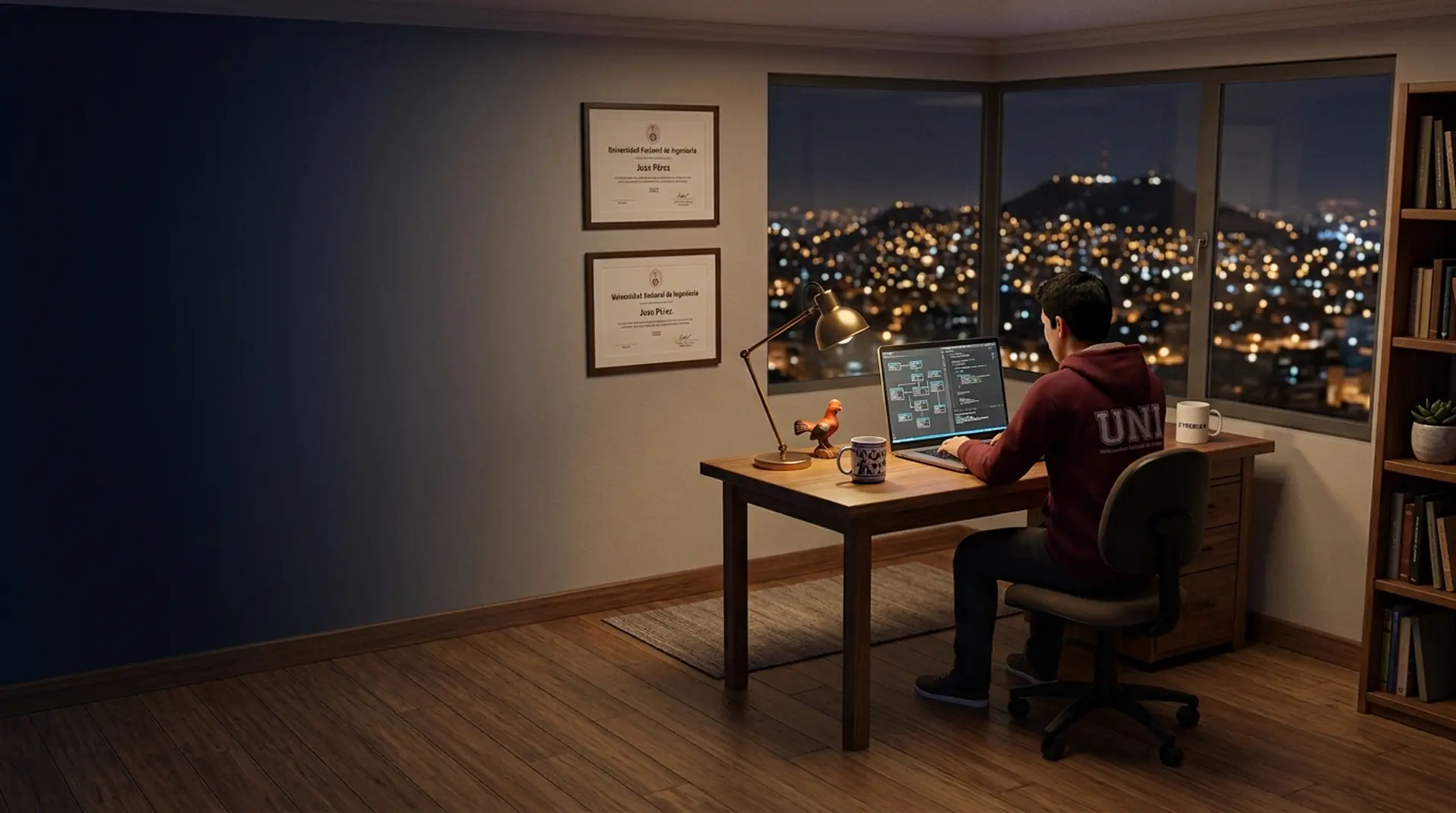 Oficina en casa de noche sobre las luces de Lima, con un diagrama entidad-relación y código en pantalla