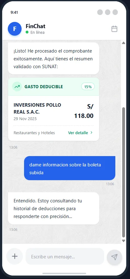 Chat de FinChat mostrando una boleta procesada y marcada como gasto deducible