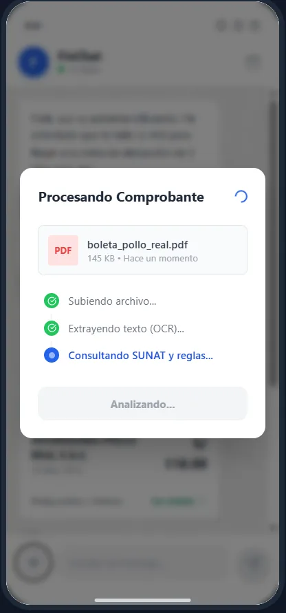 FinChat procesando un comprobante: subida, extracción de texto y consulta a la SUNAT