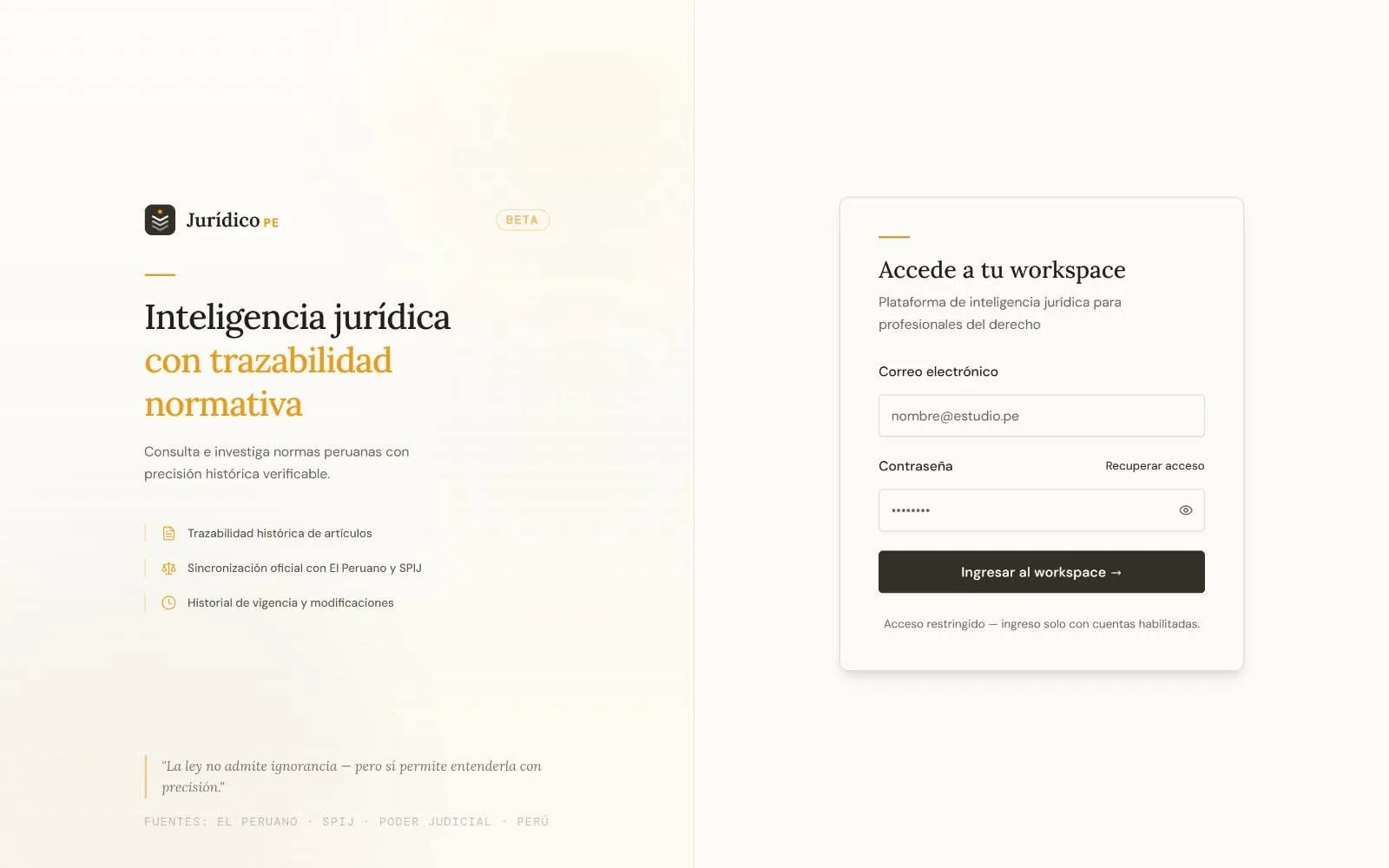 Pantalla de acceso de JurídicoPE: inteligencia jurídica con trazabilidad normativa